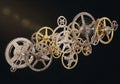 A complex arrangement of interlocking gears, showcasing various sizes and designs. The gears are Royalty Free Stock Photo