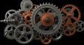 A complex arrangement of interlocking gears with varied sizes, displayed against a
