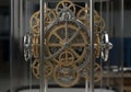 A complex arrangement of interlocking gears in various sizes, composed of brass and steel. The Royalty Free Stock Photo