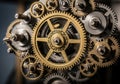 A complex arrangement of interlocking metallic gears in various sizes, with a prominent large Royalty Free Stock Photo