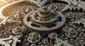 A complex arrangement of metallic gears and cogs creates an intricate mechanical texture suggesting precision engineering and Royalty Free Stock Photo