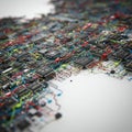 A complex array of microchips and circuit boards featuring intricate wiring