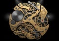 A complex assembly of clockwork gears and mechanisms in a steampunk style. The arrangement features Royalty Free Stock Photo