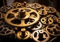 Of a complex assembly of interlocking brass and steel gears of Royalty Free Stock Photo