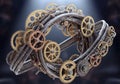 A complex assembly of interlocking gears with varying sizes in a toroidal shape. The gears are made Royalty Free Stock Photo