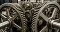 A complex assembly of interlocking metal gears, featuring various sizes and Royalty Free Stock Photo
