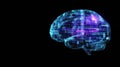 A complex brain structure composed of radiant blue and purple digital grids and binary code occupies an empty space for Royalty Free Stock Photo