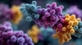 complex, brightly colored biological structures blue, purple, orange, pink interlocking, representing proteins, cell receptors, or Royalty Free Stock Photo