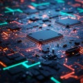 Complex circuit board with an array of microchips, illuminated by vibrant orange