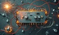 complex circuit board with multiple knobs and switches is surrounded by network red and orange wires, with Royalty Free Stock Photo
