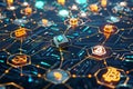 Complex Computer Network With Multiple Icons, Develop a visual representation of a decentralized finance ecosystem with different Royalty Free Stock Photo