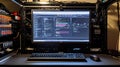 A complex computer system displays lines of code on a central monitor with keyboard and mouse
