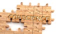 Complex and confusing conscience: learn complicated, hard and difficult concept of conscience,pictured as pieces of a wooden