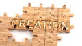 Complex and confusing creation: learn complicated, hard and difficult concept of creation,pictured as pieces of a wooden jigsaw