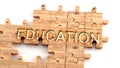 Complex and confusing education: learn complicated, hard and difficult concept of education,pictured as pieces of a wooden jigsaw