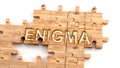 Complex and confusing enigma: learn complicated, hard and difficult concept of enigma,pictured as pieces of a wooden jigsaw puzzle