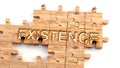 Complex and confusing existence: learn complicated, hard and difficult concept of existence,pictured as pieces of a wooden jigsaw