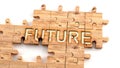 Complex and confusing future: learn complicated, hard and difficult concept of future,pictured as pieces of a wooden jigsaw puzzle