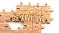 Complex and confusing sanity: learn complicated, hard and difficult concept of sanity,pictured as pieces of a wooden jigsaw puzzle