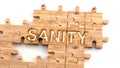 Complex and confusing sanity: learn complicated, hard and difficult concept of sanity,pictured as pieces of a wooden jigsaw puzzle Royalty Free Stock Photo