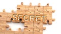 Complex and confusing secret: learn complicated, hard and difficult concept of secret,pictured as pieces of a wooden jigsaw puzzle Royalty Free Stock Photo