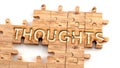 Complex and confusing thoughts: learn complicated, hard and difficult concept of thoughts,pictured as pieces of a wooden jigsaw