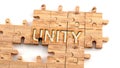 Complex and confusing unity: learn complicated, hard and difficult concept of unity,pictured as pieces of a wooden jigsaw puzzle