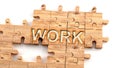 Complex and confusing work: learn complicated, hard and difficult concept of work,pictured as pieces of a wooden jigsaw puzzle