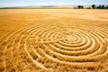 Complex crop circles and patterns in a wheat field viewed from above showing ufo sightings