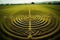 Complex crop circles and patterns in a wheat field viewed from above showing ufo sightings