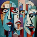 Abstract cubist faces in a harmonious color palette. AI generation