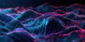 Complex 3D digital background with futuristic wave, geometric shapes. Big data visualization with glowing dots, lines. Cybernetic