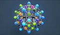 Complex 3D molecular structure with glowing spheres and silver rods Royalty Free Stock Photo