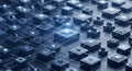 Intricate network of glowing blue digital cubes and spheres connected by thin lines representing data flow and Royalty Free Stock Photo