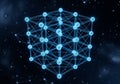 A complex 3D network model composed of interconnected nodes forming a cubical structure against a Royalty Free Stock Photo