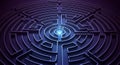 Futuristic circular maze with glowing blue center light in abstract purple 3D rendering design pattern Royalty Free Stock Photo