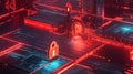 Complex data stream flowing through a series of lock icons. By generative Ai