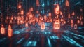 Complex data stream flowing through a series of lock icons. By generative Ai
