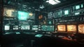 Futuristic cybersecurity center monitoring network activity on multiple screens Royalty Free Stock Photo