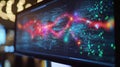 Computer screen showing futuristic data stream visualization with colorful particles flowing Royalty Free Stock Photo