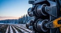 Complex delimbing rollers and cutting blades of a processing head stand in front of straight trunks in a forest clearing at dusk Royalty Free Stock Photo