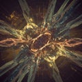 A complex digital artwork featuring sharp, crystalline structures radiating outward