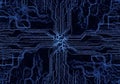 A complex digital circuit pattern with a dark blue background and interconnected light blue lines Royalty Free Stock Photo