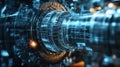 Futuristic engine rotating with digital data flowing through it
