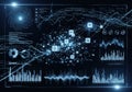 Complex digital interface displaying interconnected network nodes, data visualizations, and graphs. Royalty Free Stock Photo