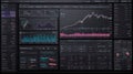 A complex digital interface showing financial market data and charts on a dark background Royalty Free Stock Photo