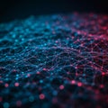 A complex digital network of interconnected dots and lines, with a blue and red color