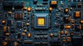 Complex Electronic Circuit Board with Glowing Processor and Colorful Components Royalty Free Stock Photo