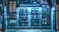 Complex electronic components glow in blue light, showcasing their connection to network equipment and software in a bustling Royalty Free Stock Photo