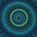 A complex fractal design with concentric circles in shades of blue and green creates a